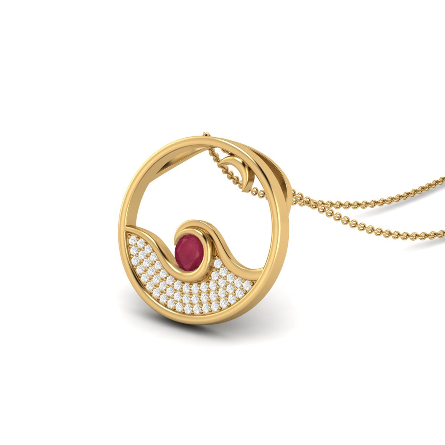 Ruby 0.25 Ct Round Ocean Wave Circle Necklace – 14k Yellow Gold