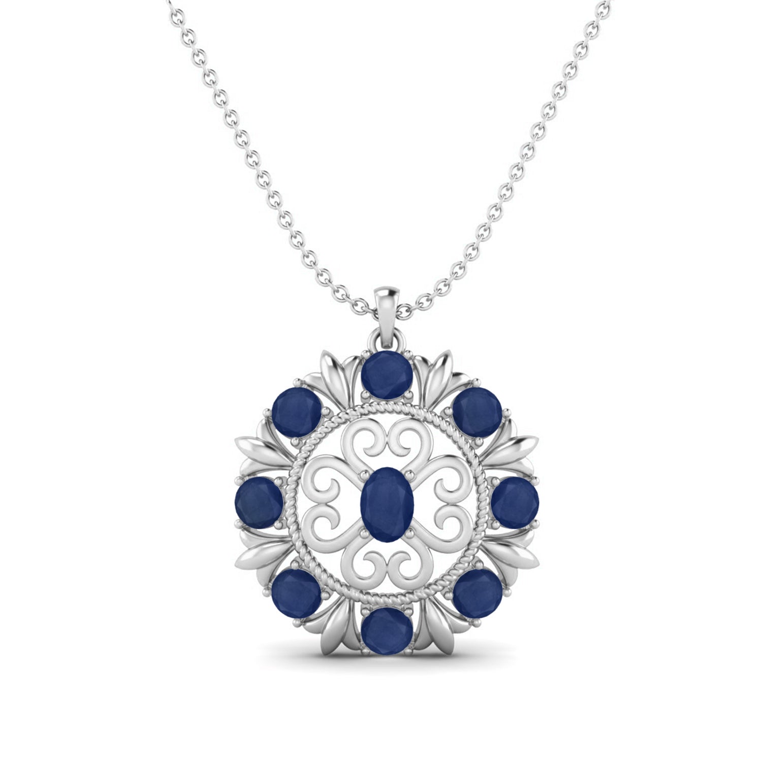 Blue Sapphire Regal Floral Pendant - Sterling Silver