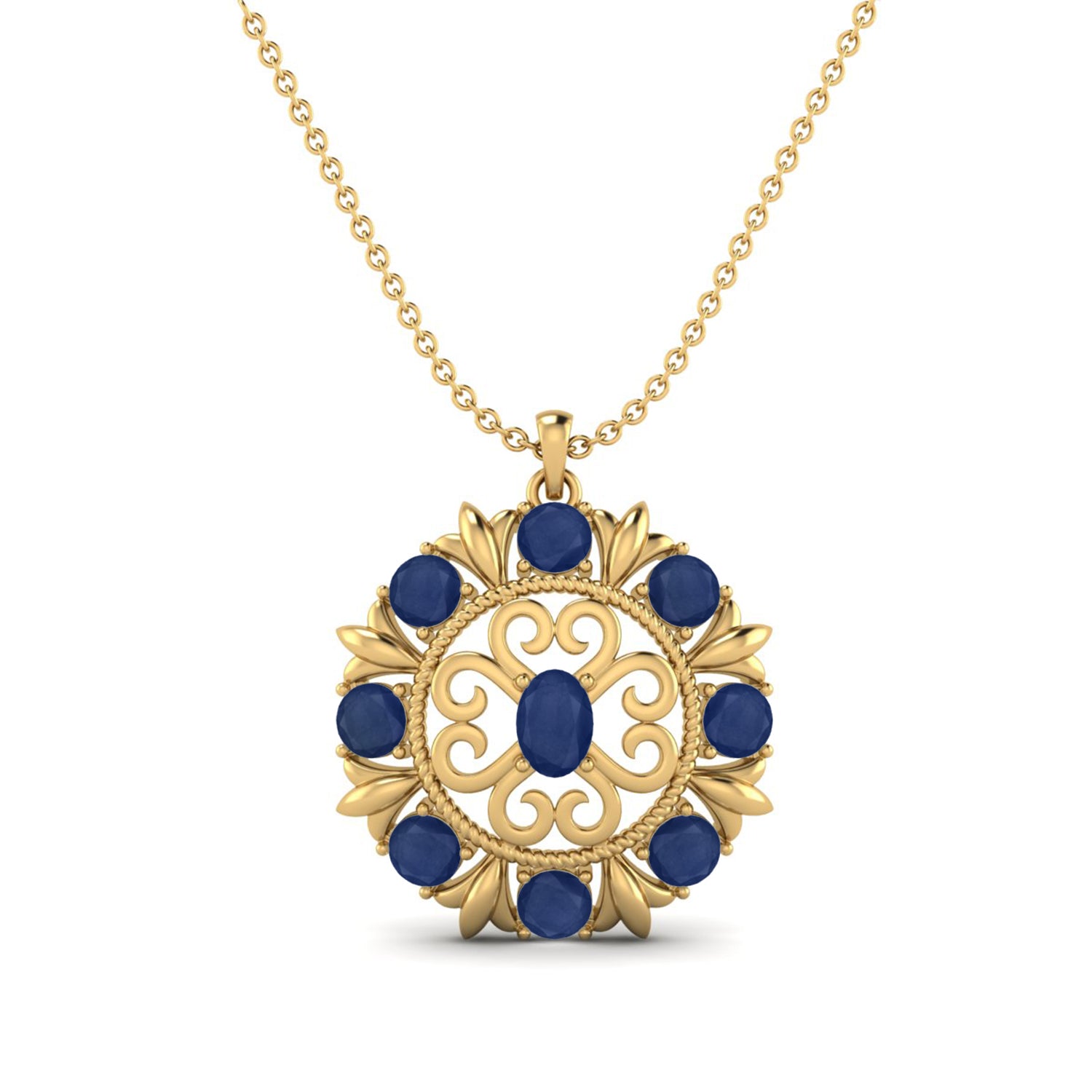Blue Sapphire Scrollwork Design Pendant - 9K Yellow Gold