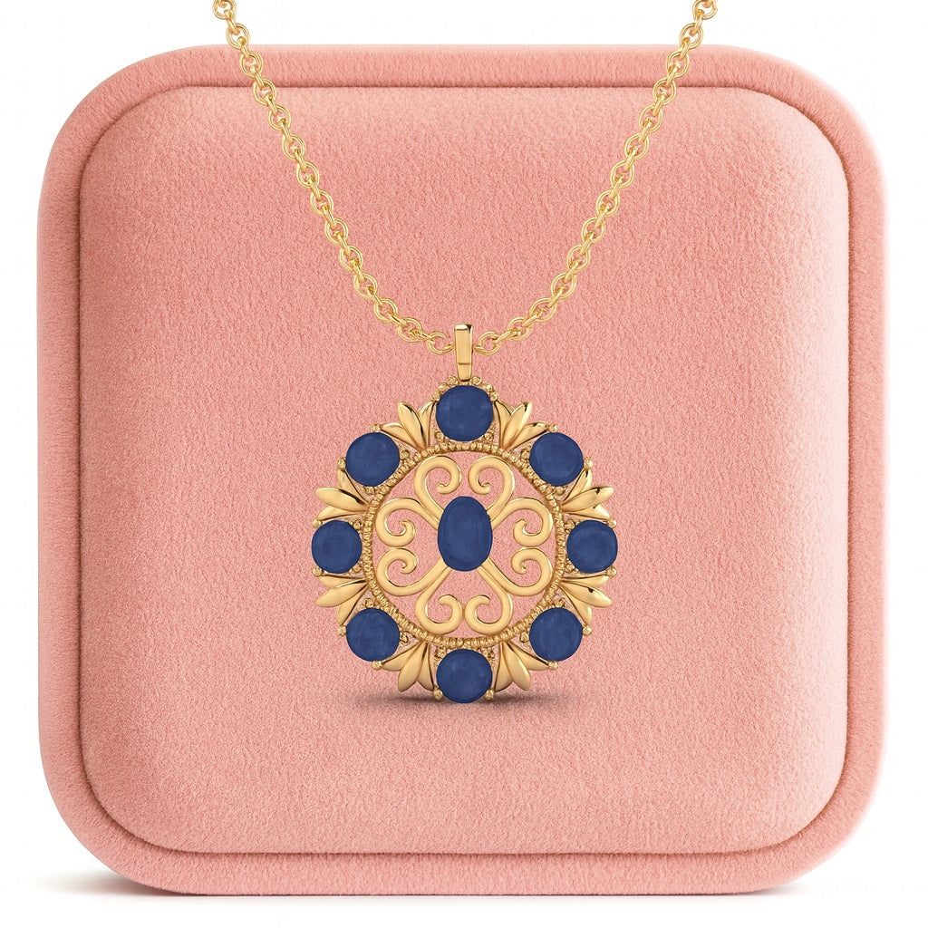 Blue Sapphire Oval 1.20 Ct Vintage Floral Medallion Pendant - 14k Yellow Gold