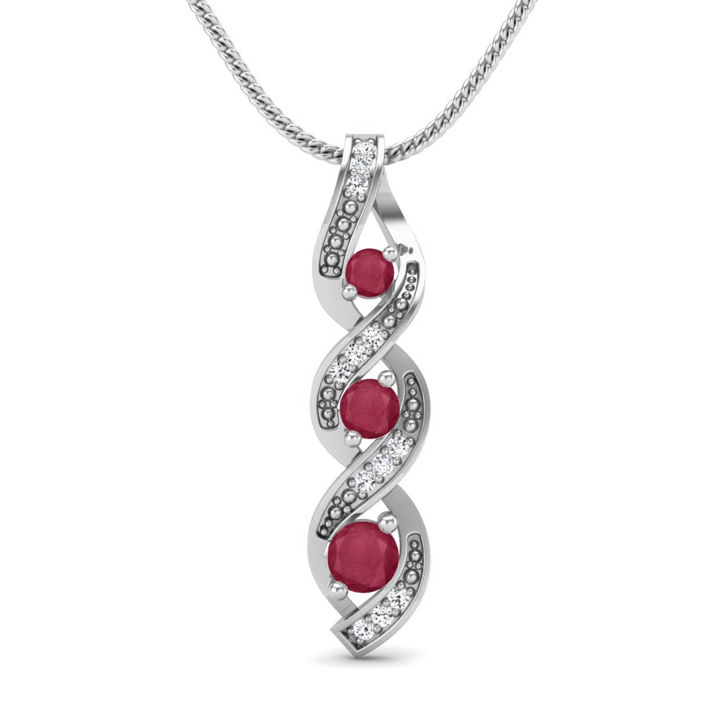 Ruby 0.40 Ct Round Triple Stone Swirl Necklace - 14k Yellow Gold
