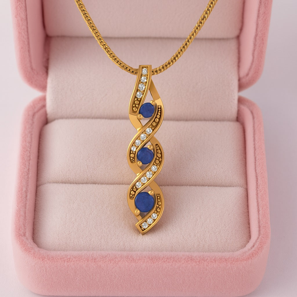 Blue Sapphire 0.40 Ct Round & Accent Stones Twist Pendant - 14k Yellow Gold