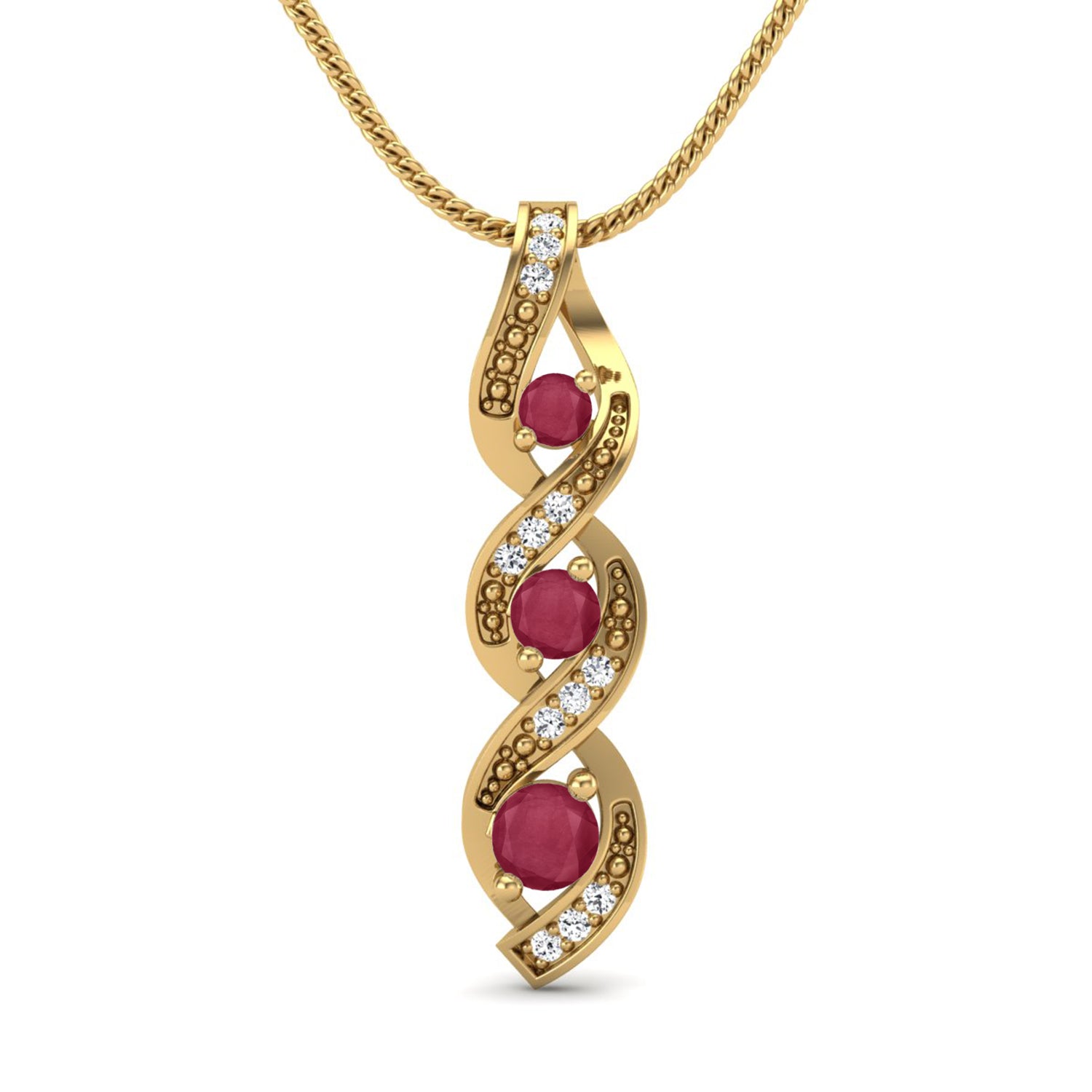 Ruby 0.40 Ct Round Triple Stone Swirl Necklace - 14k Yellow Gold
