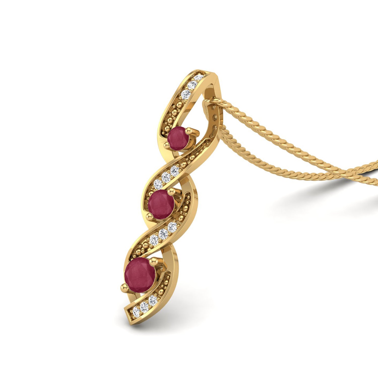 Ruby 0.40 Ct Round Triple Stone Swirl Necklace - 14k Yellow Gold