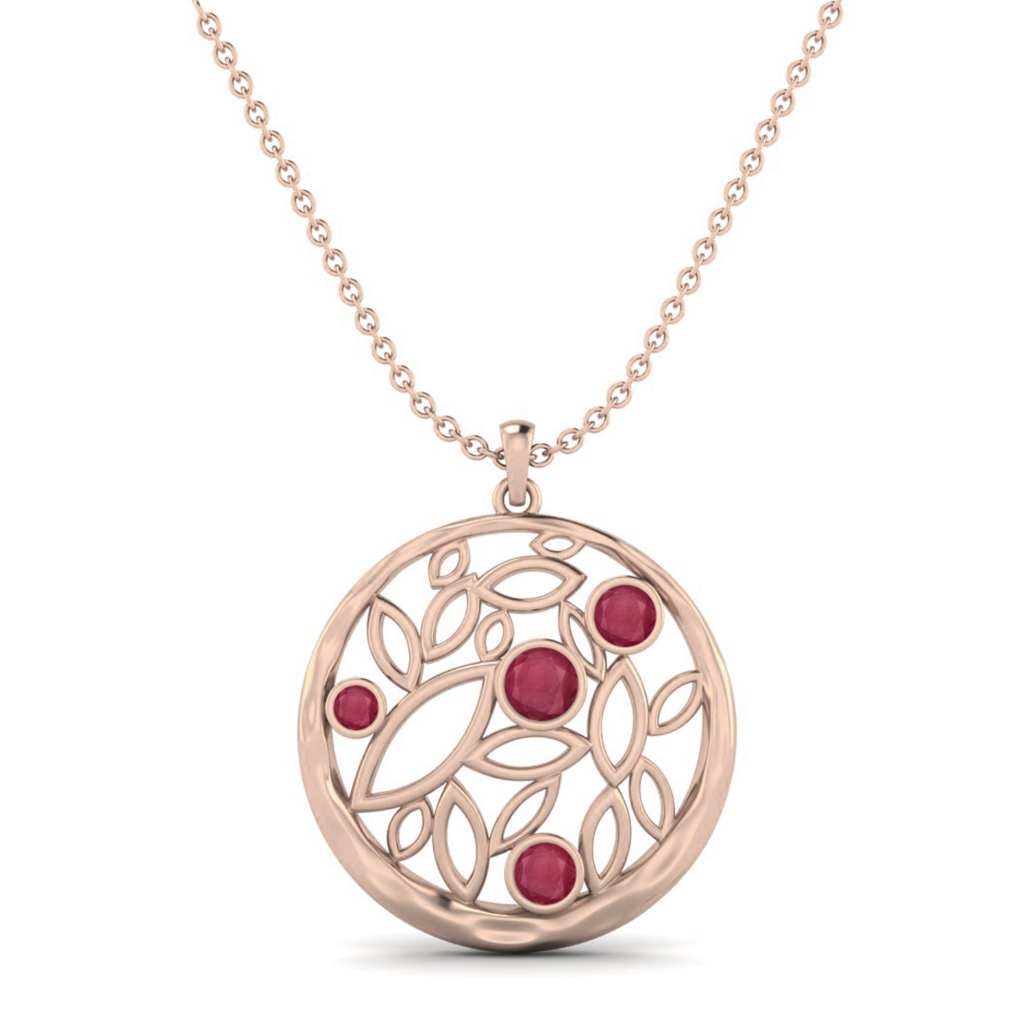 Ruby 1.50 Ct Round Nature-Inspired Leaf Motif Necklace - 14k Yellow Gold