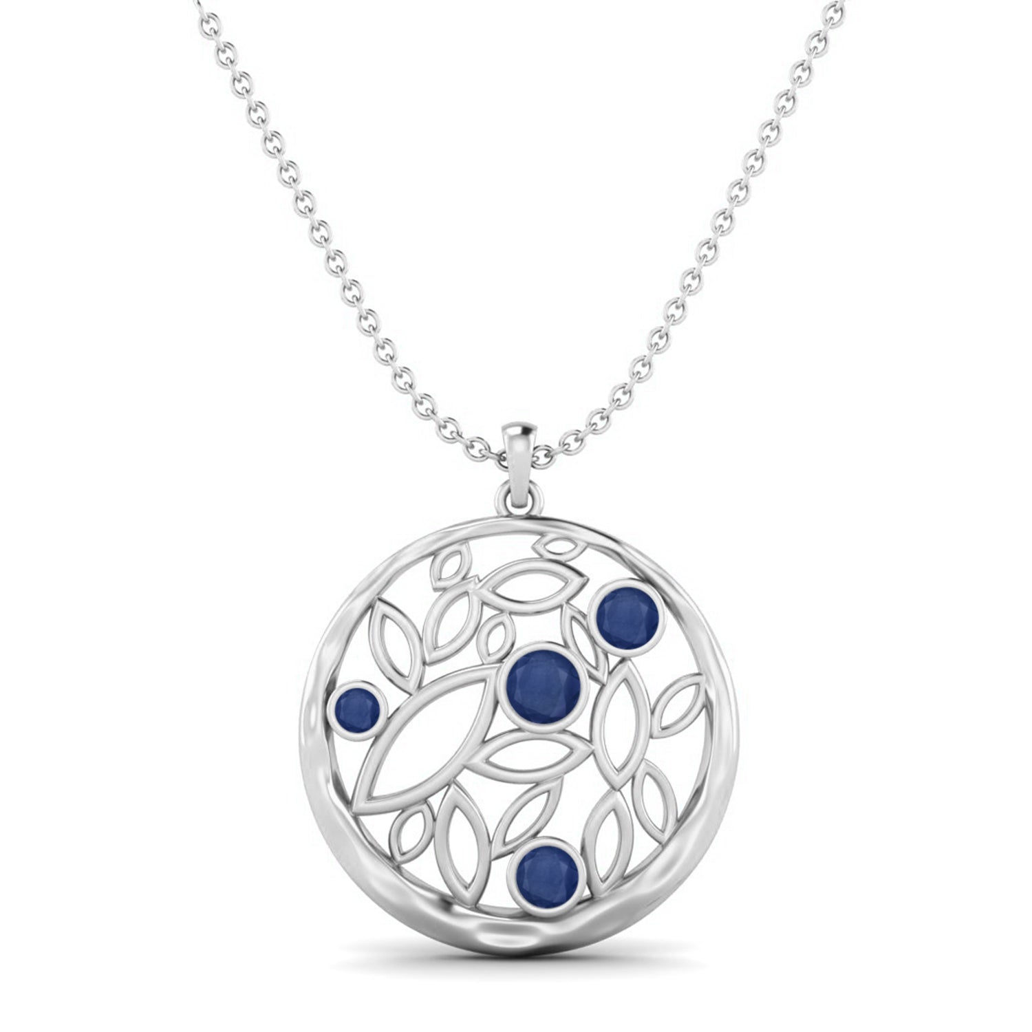 Blue Sapphire Leaf Filigree Pendant - Sterling Silver