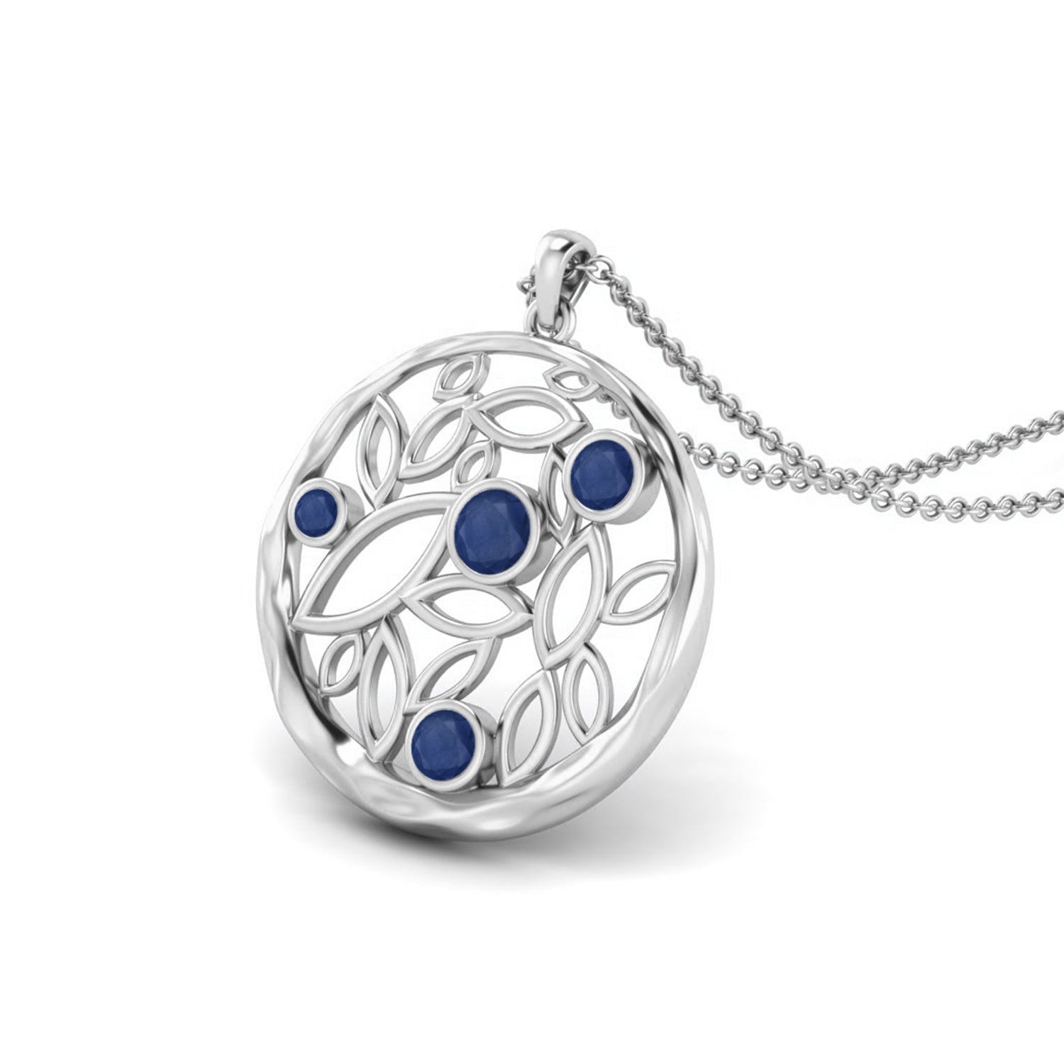 Blue Sapphire Leaf Filigree Pendant - Sterling Silver