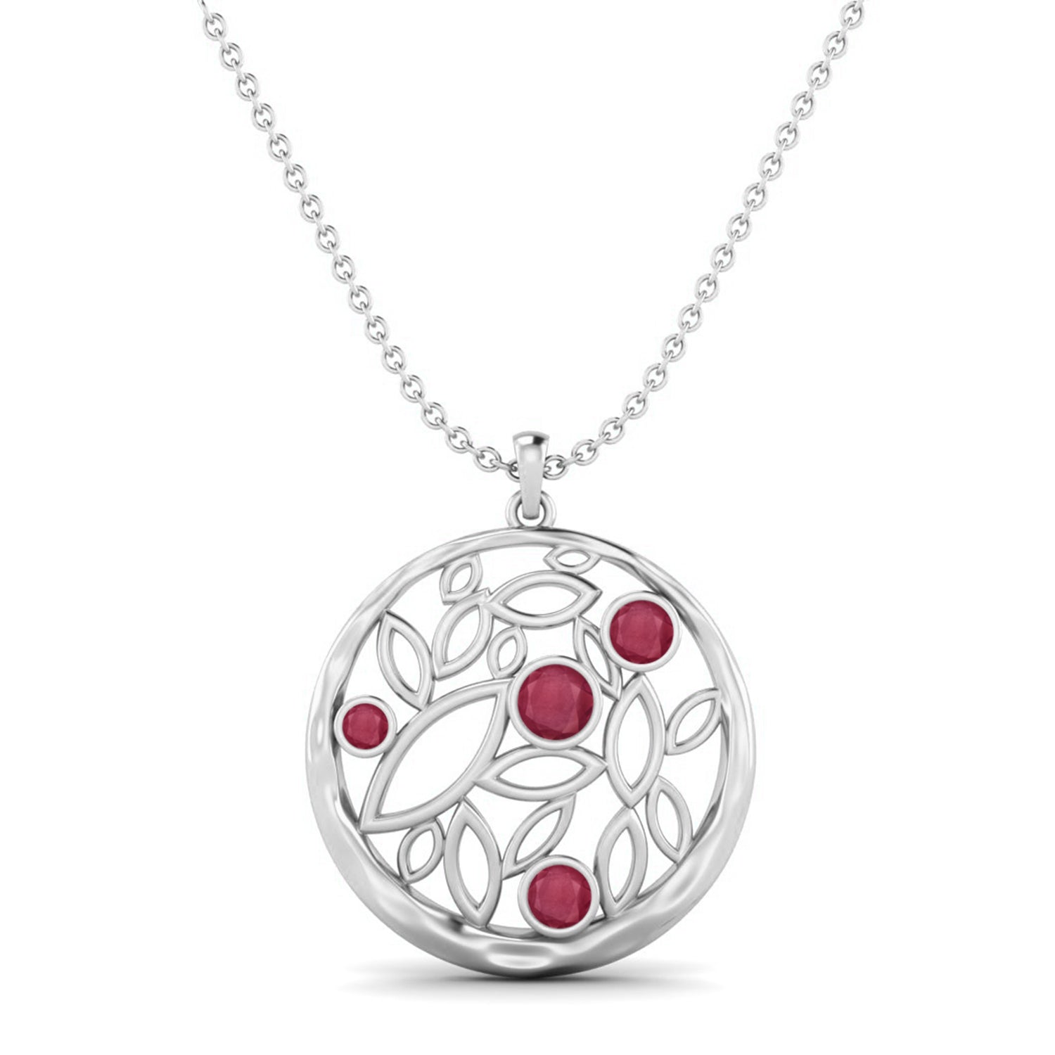 Ruby 1.50 Ct Round Nature-Inspired Leaf Motif Necklace - 14k Yellow Gold