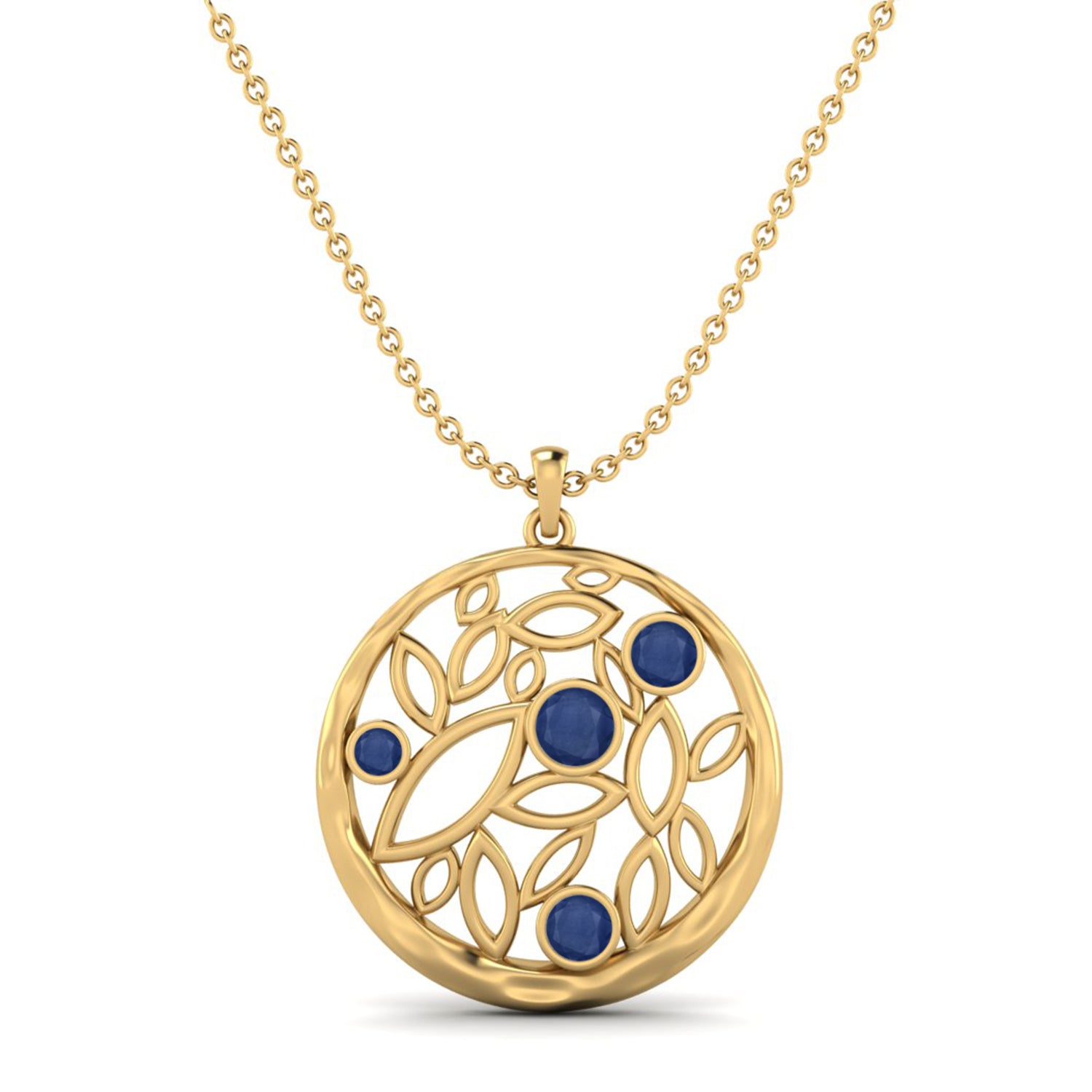 Blue Sapphire Leaf Filigree Pendant - 9K Yellow Gold