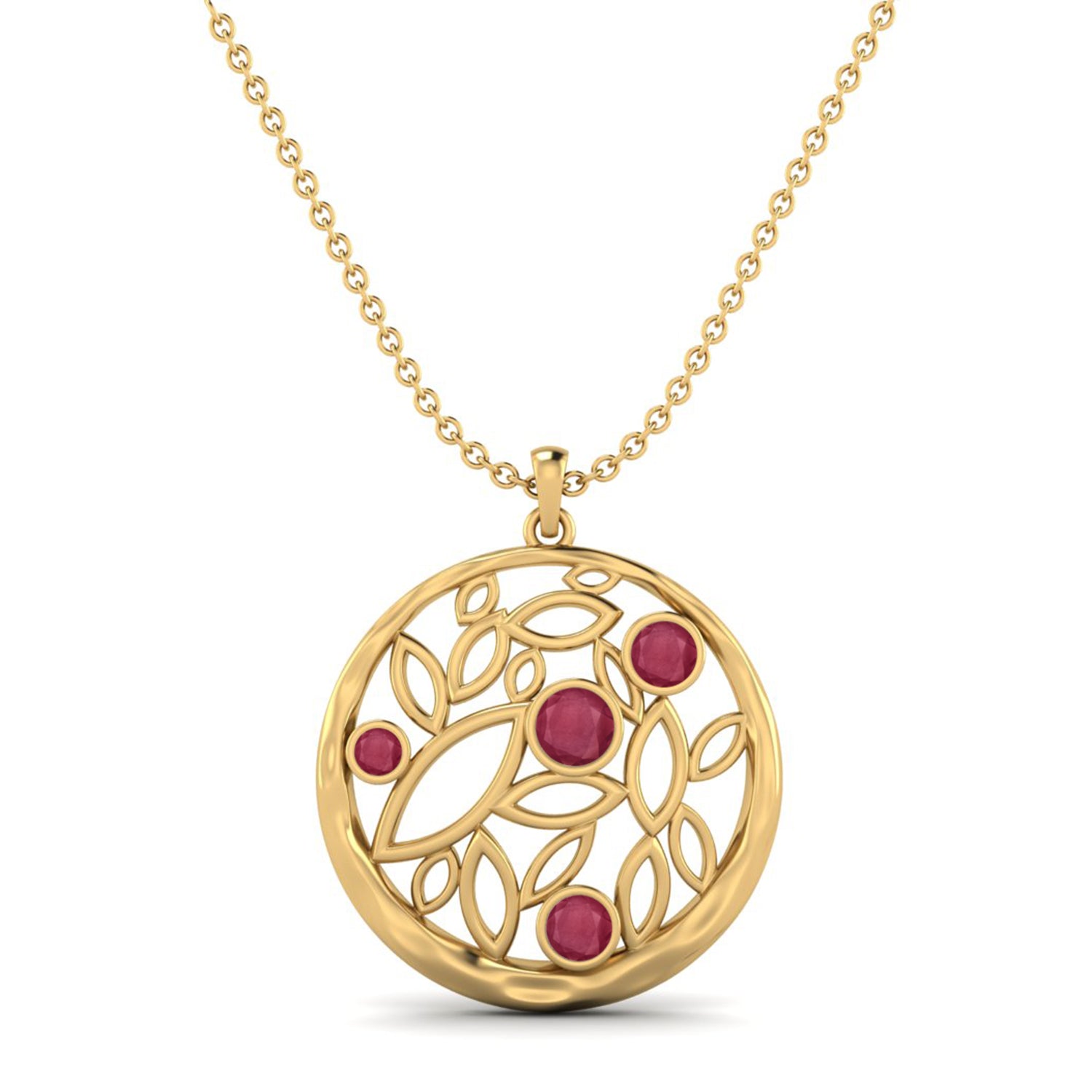 Ruby 1.50 Ct Round Nature-Inspired Leaf Motif Necklace - 14k Yellow Gold