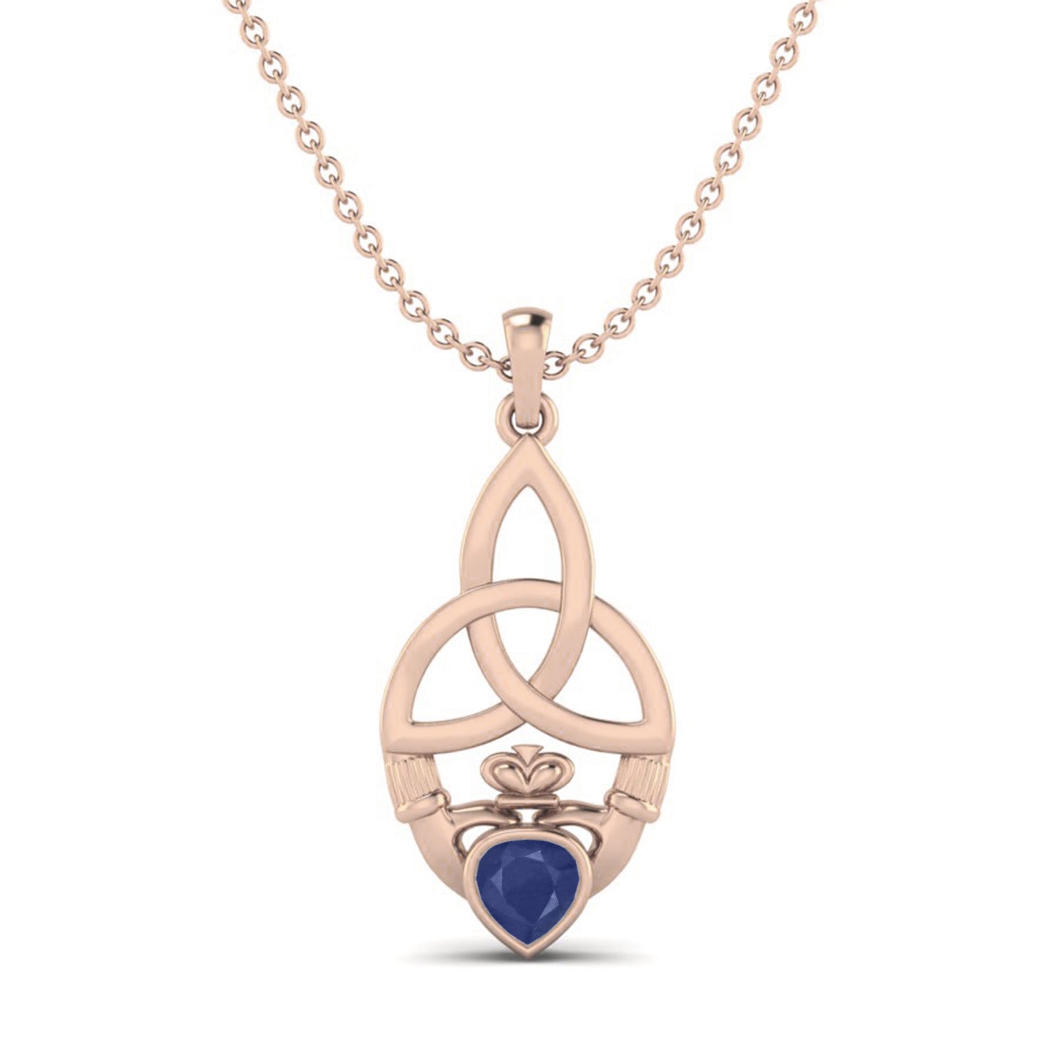 Blue Sapphire 0.50 Ct Heart Celtic Knot Claddagh Pendant - 14k Yellow Gold