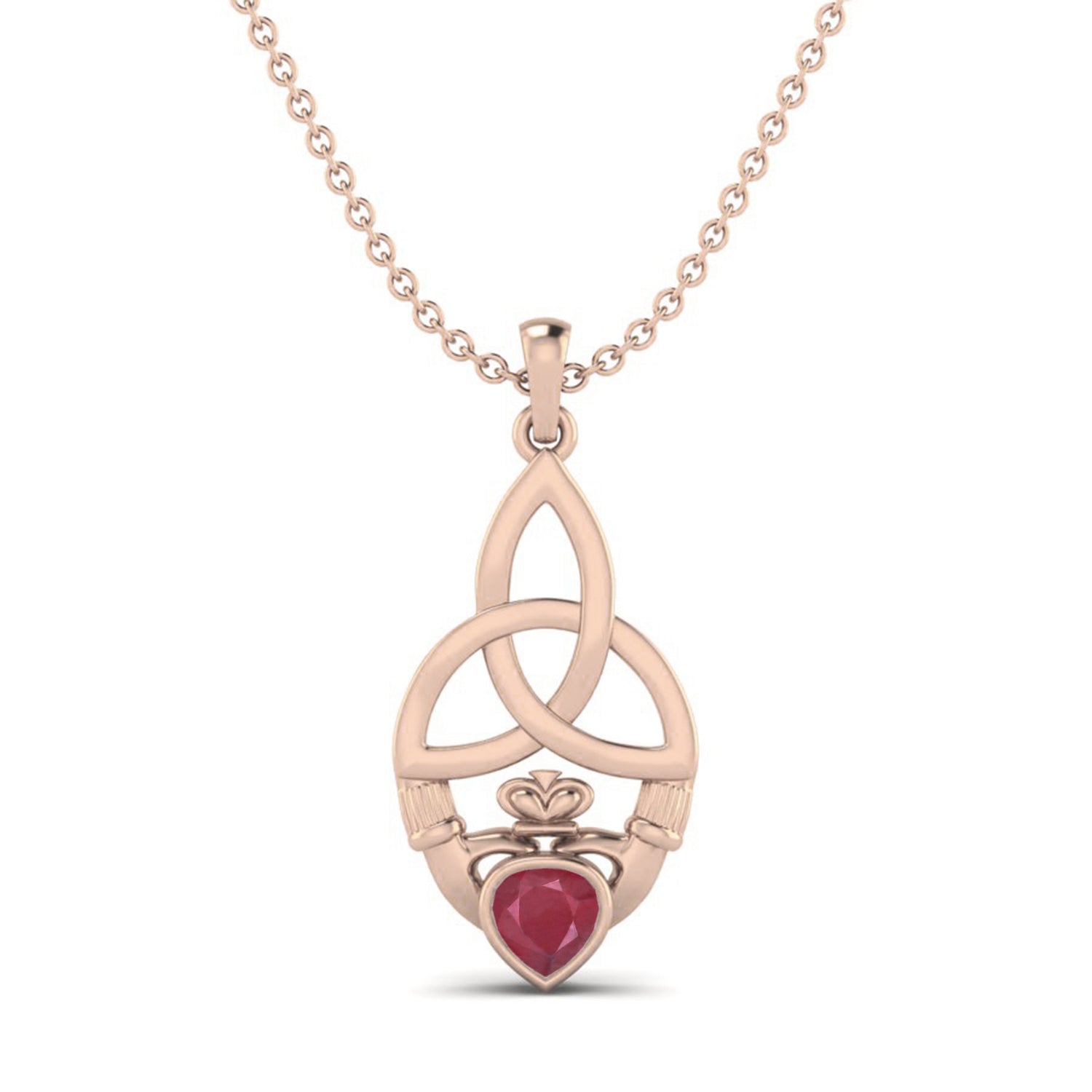 Ruby 0.25 Ct Heart Celtic Claddagh Knot Necklace – 14k Yellow Gold