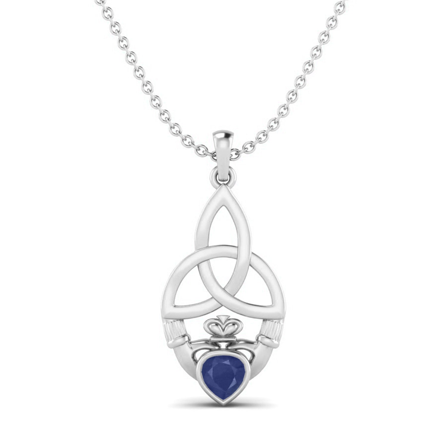 Blue Sapphire Heart Claddagh Pendant - Sterling Silver