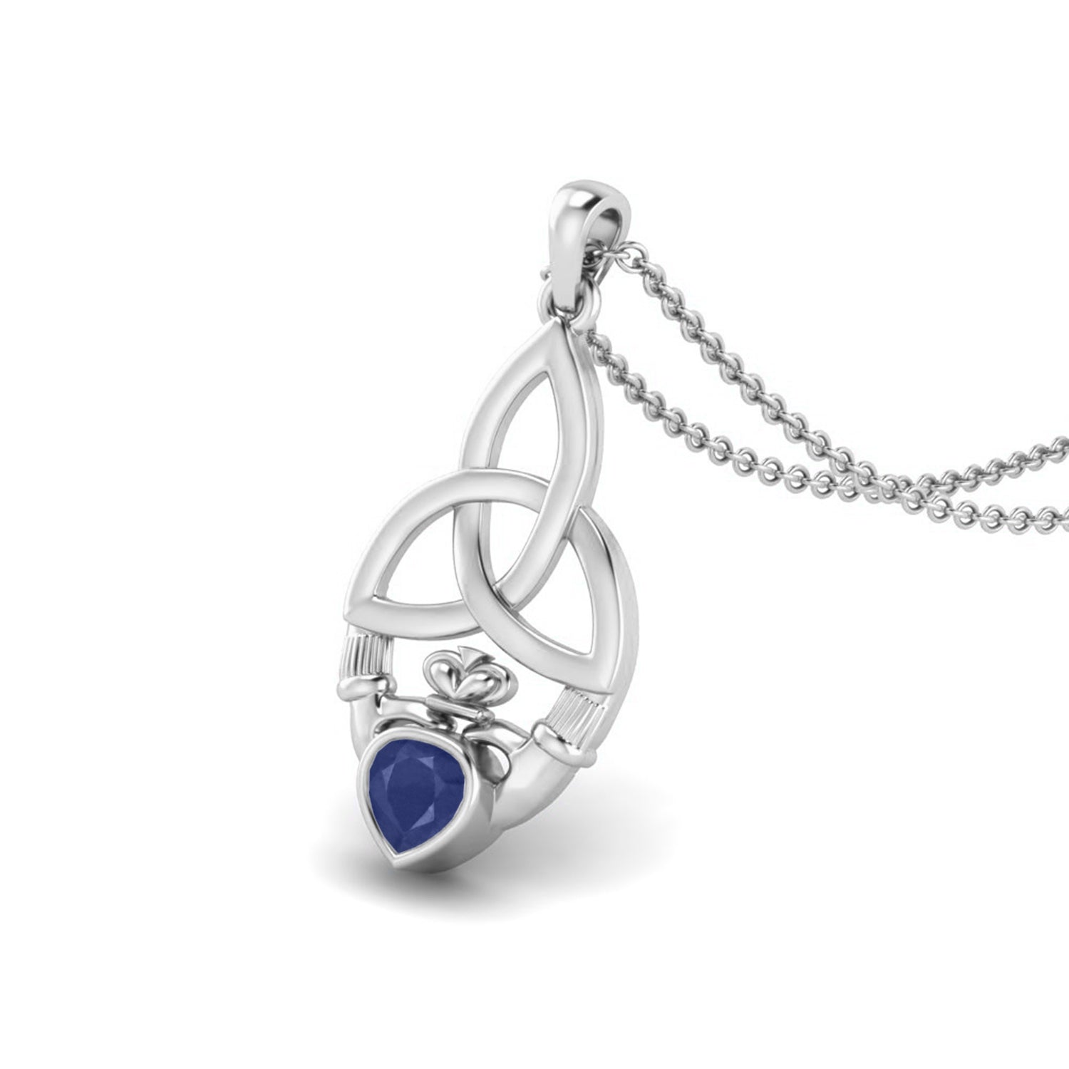 Blue Sapphire Heart Claddagh Pendant - Sterling Silver