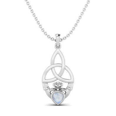 Heart Shape Moonstone Gemstone Claddagh Pendant Necklace 925 Sterling Silver Jewelry