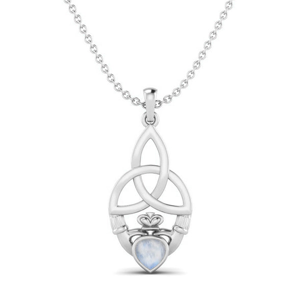 Heart Shape Moonstone Gemstone Claddagh Pendant Necklace 925 Sterling Silver Jewelry