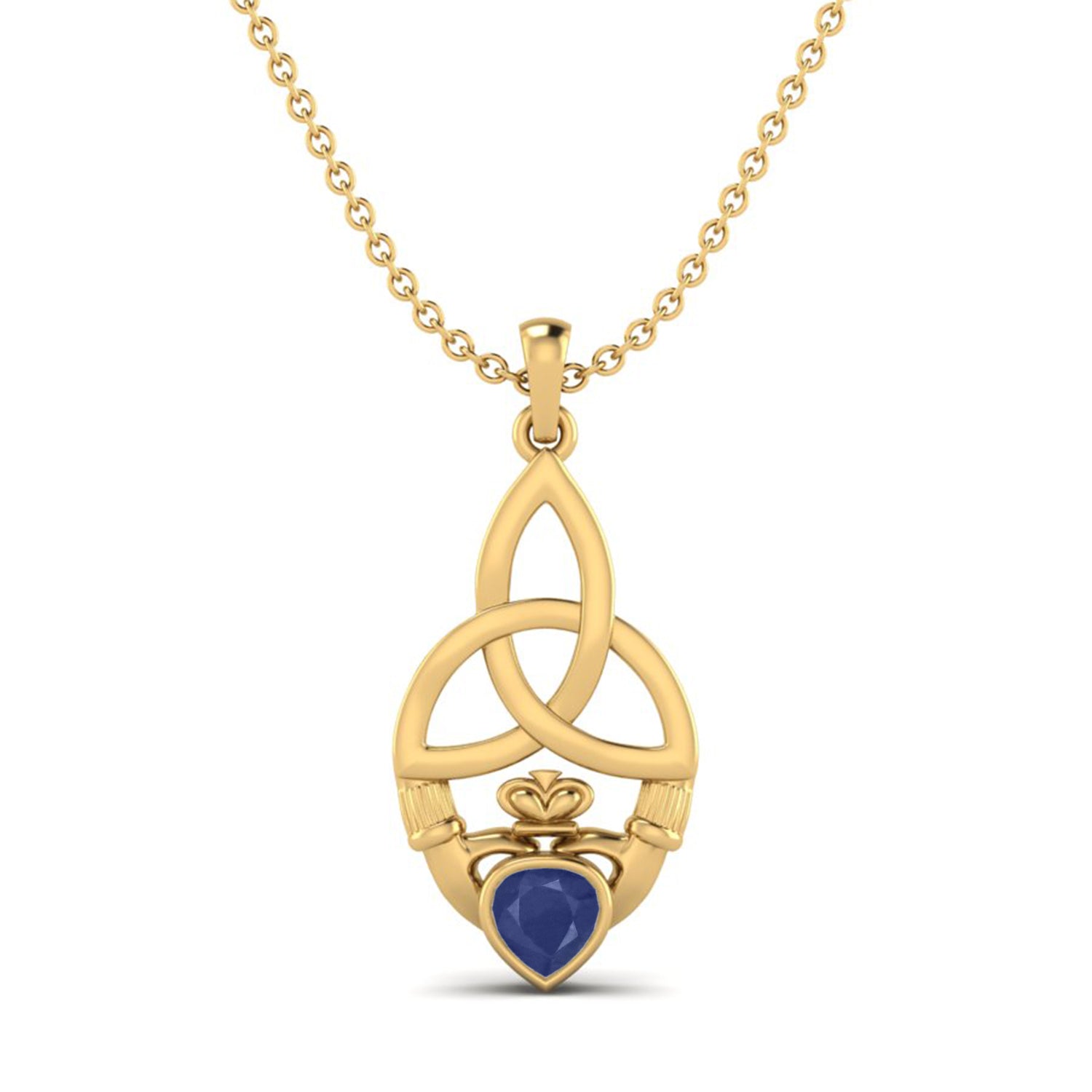 Blue Sapphire Heart Claddagh Pendant - 9K Yellow Gold