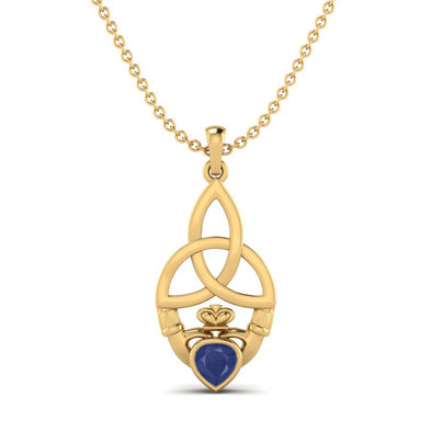 Heart Shape Blue Sapphire Gemstone Claddagh Traditional Pendant Necklace 9k Yellow Gold Vermeil Celtic Design