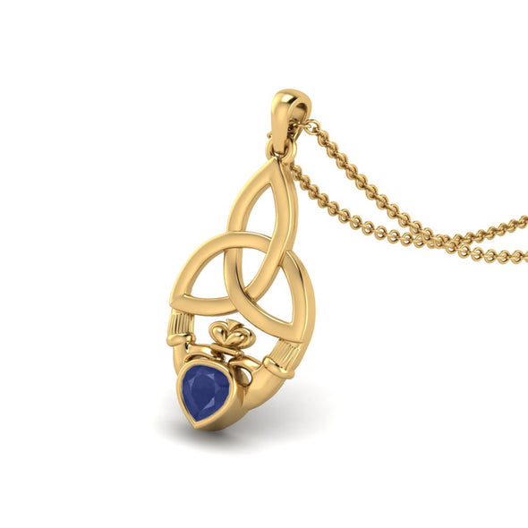 Heart Shape Blue Sapphire Gemstone Claddagh Traditional Pendant Necklace 9k Yellow Gold Vermeil Celtic Design