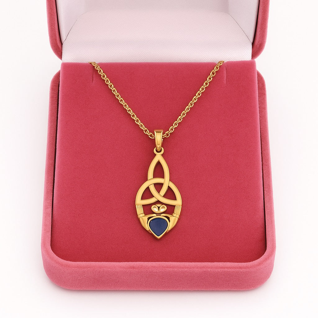 Blue Sapphire 0.50 Ct Heart Celtic Knot Claddagh Pendant - 14k Yellow Gold