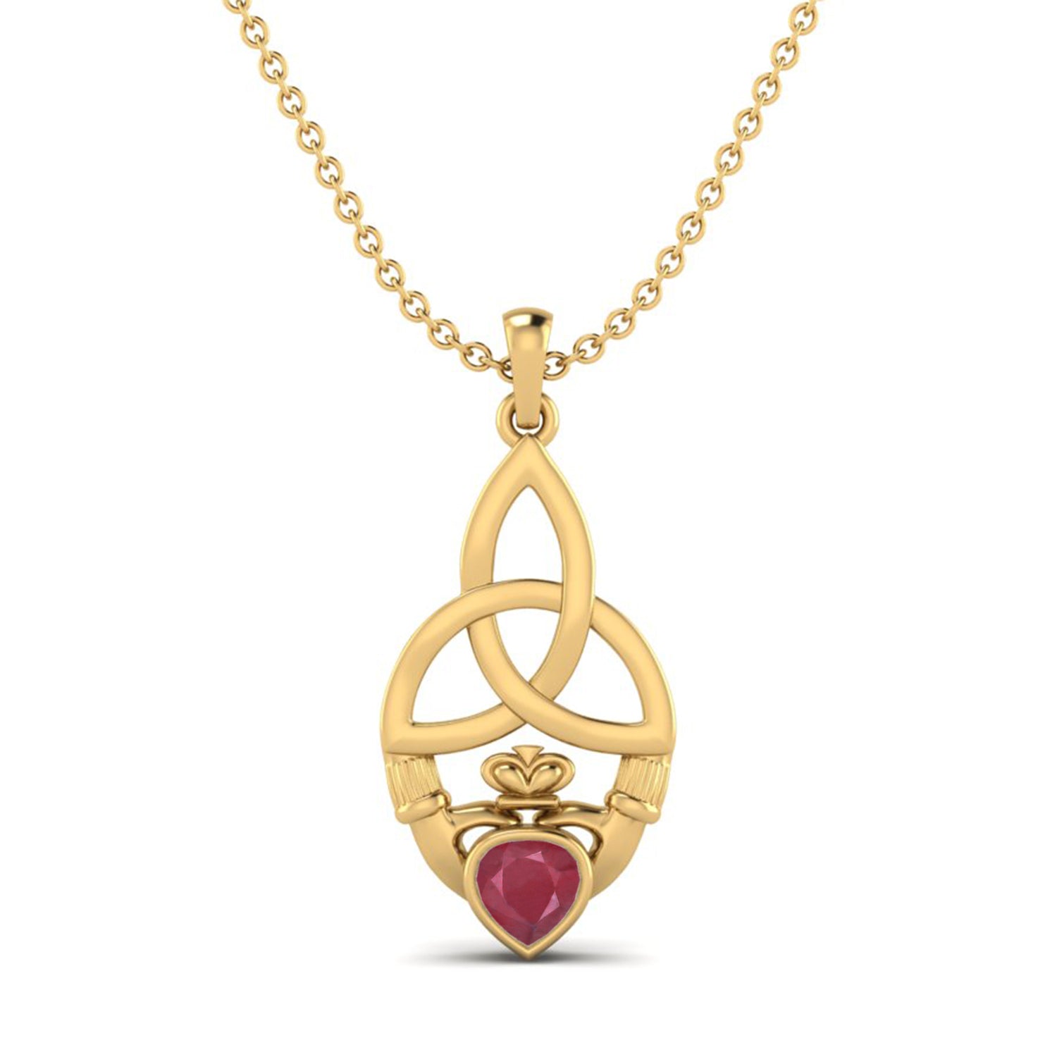 Ruby 0.25 Ct Heart Celtic Claddagh Knot Necklace – 14k Yellow Gold