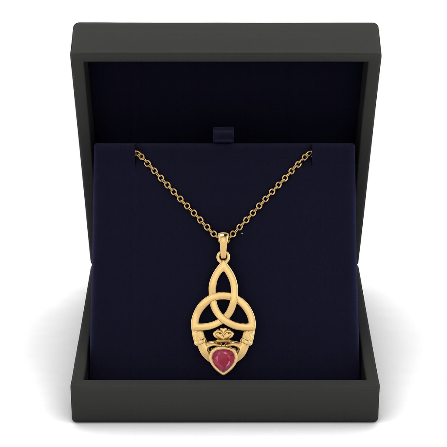 Ruby 0.25 Ct Heart Celtic Claddagh Knot Necklace – 14k Yellow Gold