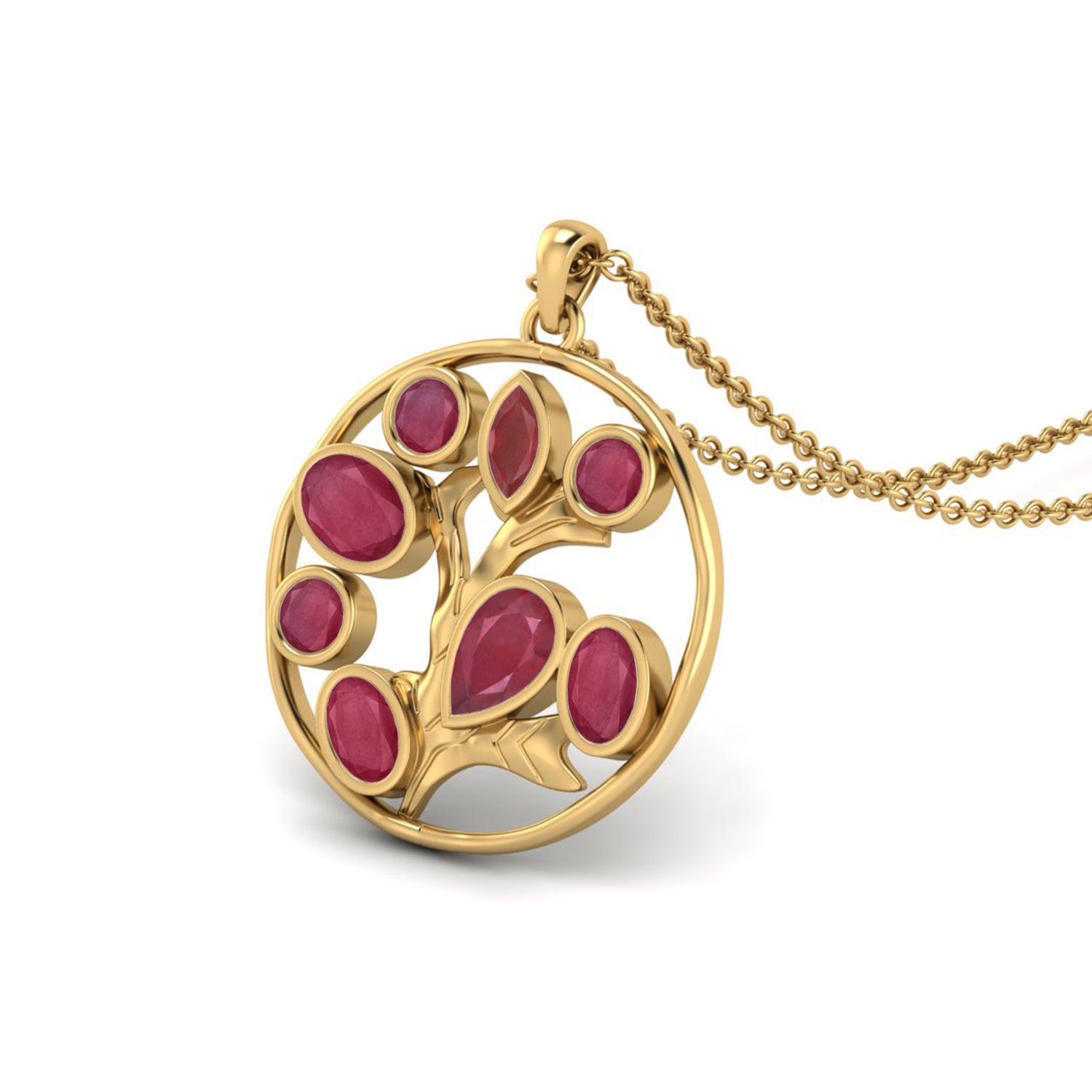 Ruby 1.00 Ct Pear Tree of Life Necklace – 14k Yellow Gold