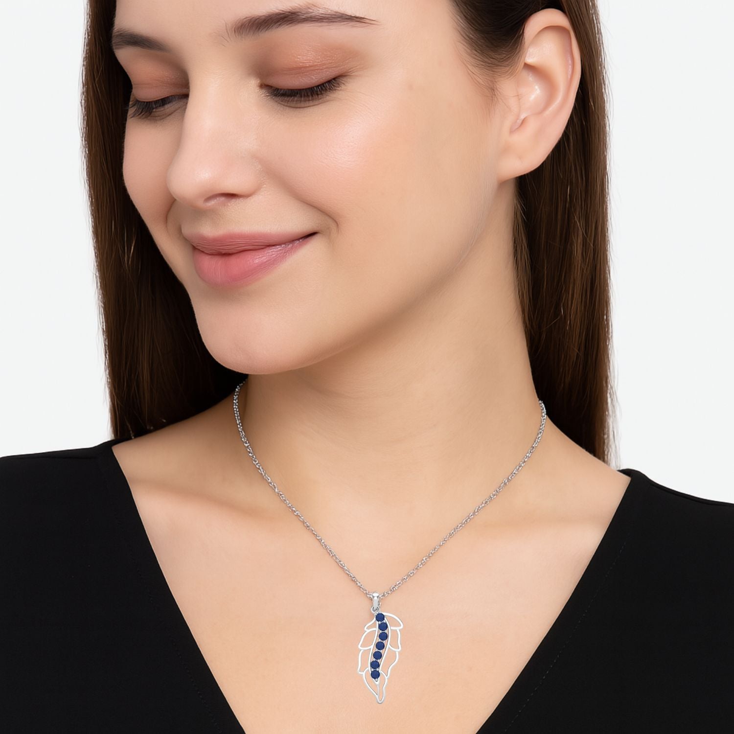 Blue Sapphire Feather Pendant - Sterling Silver