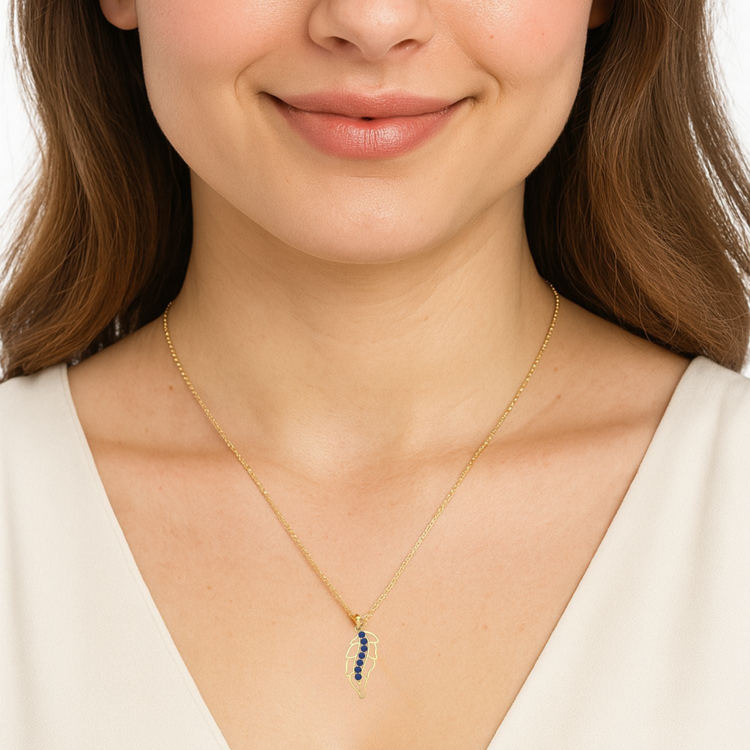 Blue Sapphire Leafy Design Necklace - 9K Yellow Gold