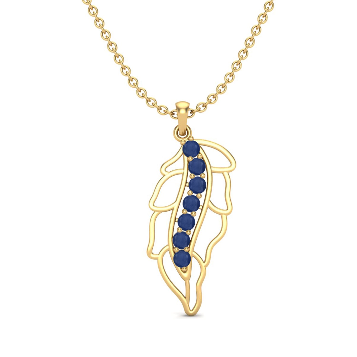Blue Sapphire Leafy Design Necklace - 9K Yellow Gold