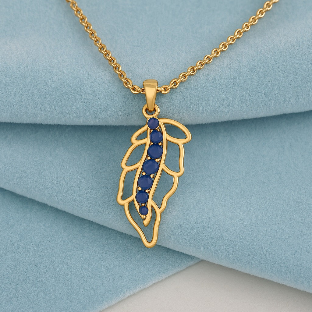 Blue Sapphire 1.05 Ct Round Feather Pendant- 14k Yellow Gold