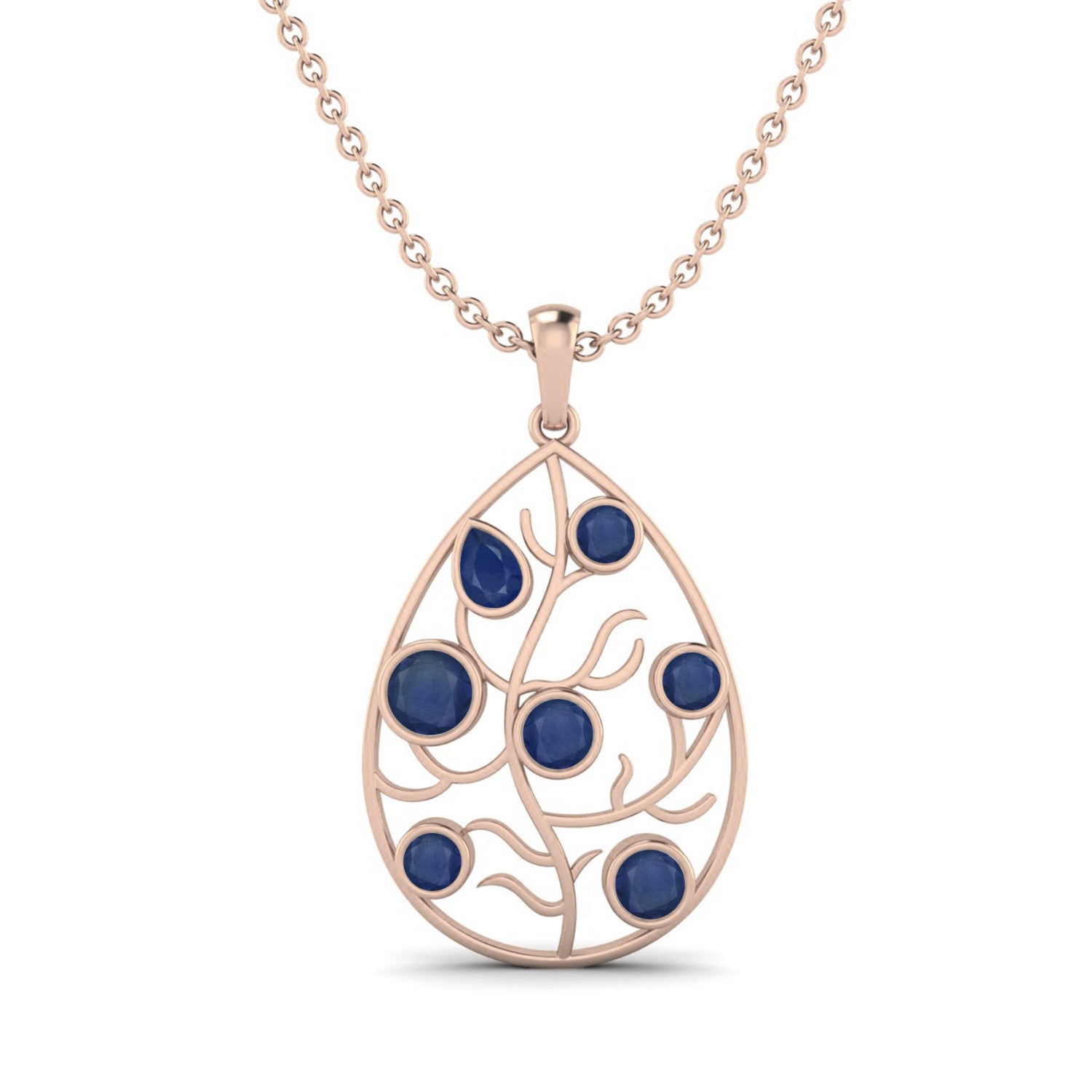 Blue Sapphire 3.80 Ct Pear Branch Teardrop Pendant - 14k Yellow Gold