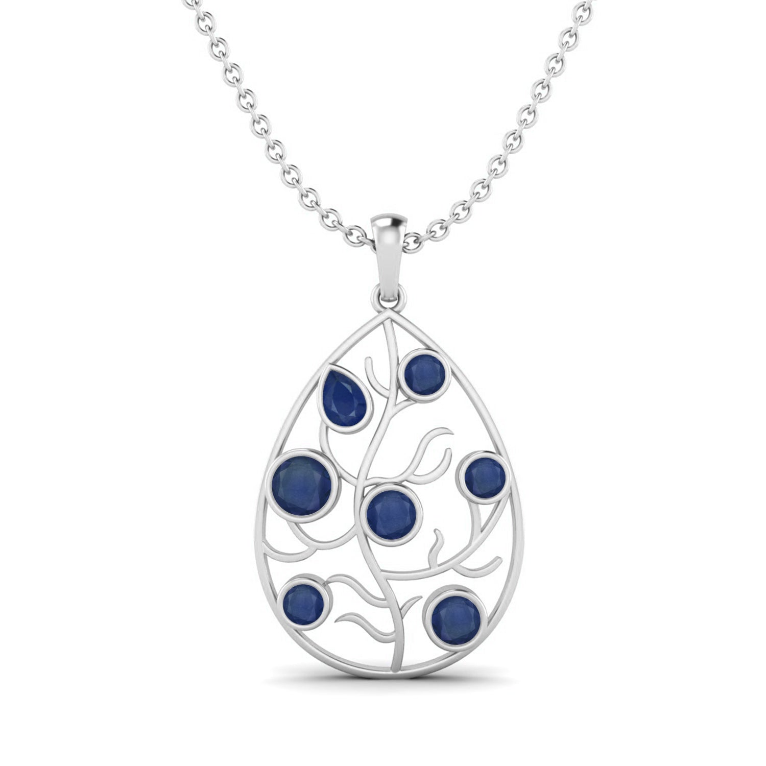 Blue Sapphire Teardrop Tree of Life Pendant - Sterling Silver