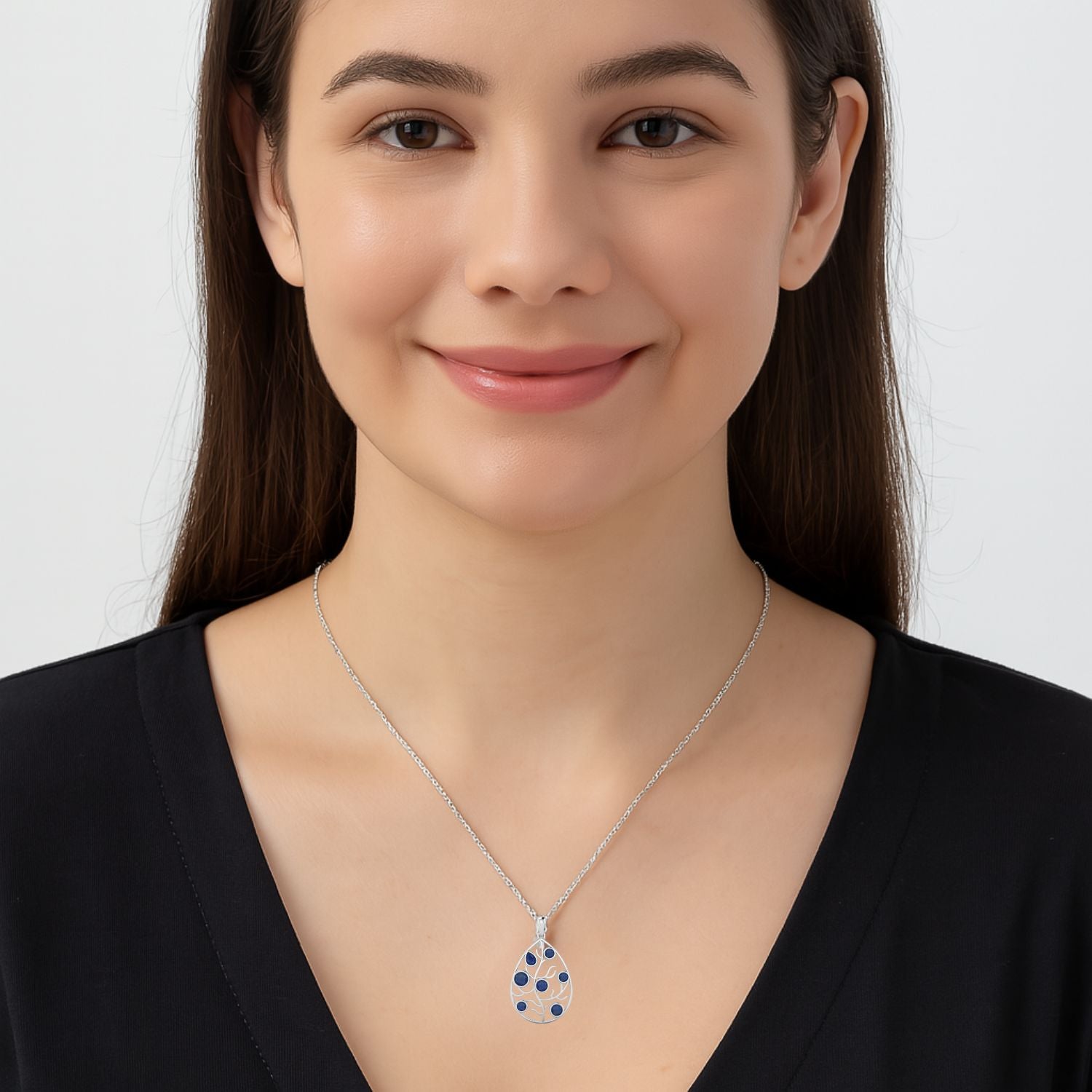 Blue Sapphire Teardrop Tree of Life Pendant - Sterling Silver