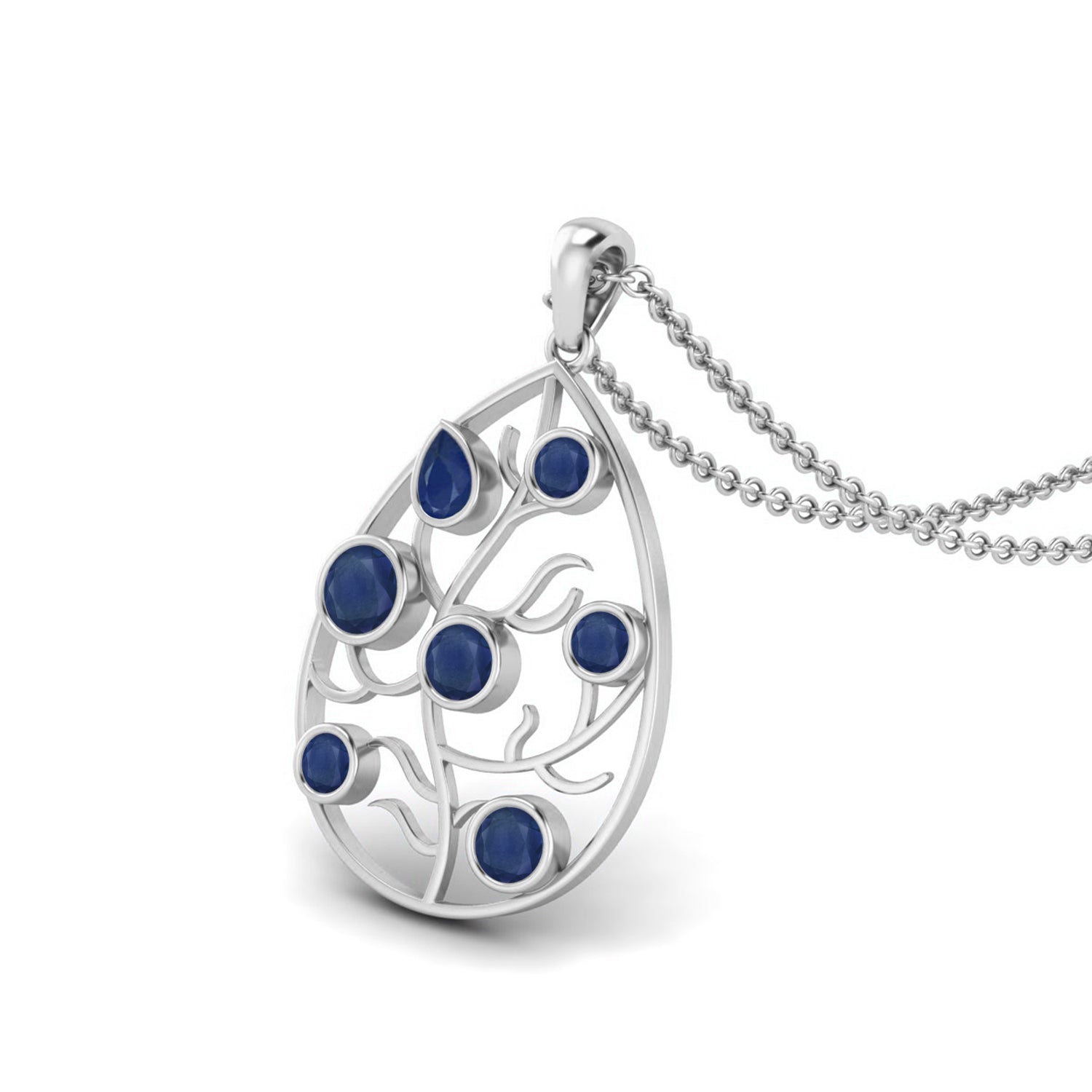 Blue Sapphire Teardrop Tree of Life Pendant - Sterling Silver