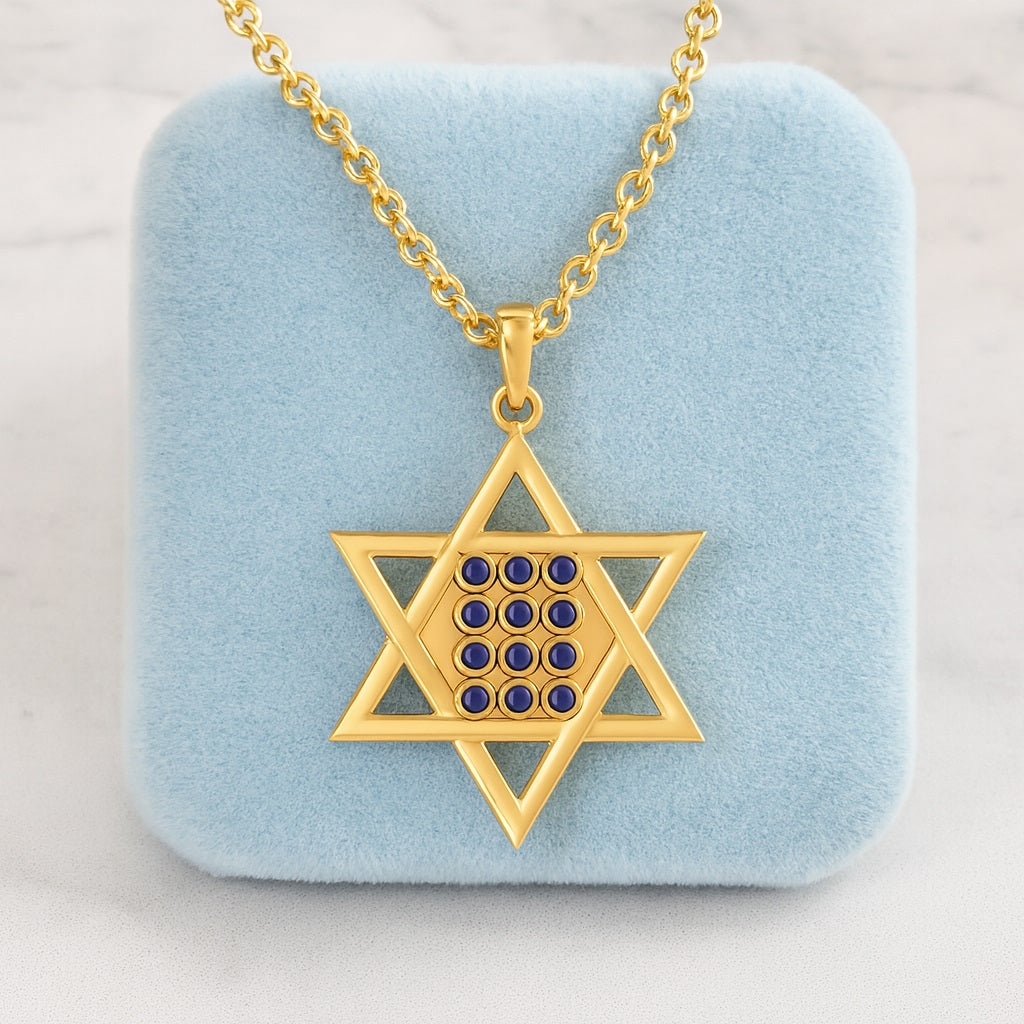 Blue Sapphire 0.60 Ct Round Star of David Pendant – 14k Yellow Gold