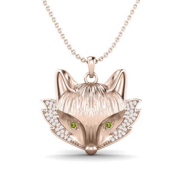 0.50 Ctw Round Shape Peridot Gemstone 925 Sterling Silver Fox Head Face Pendant Animal Lover Necklace