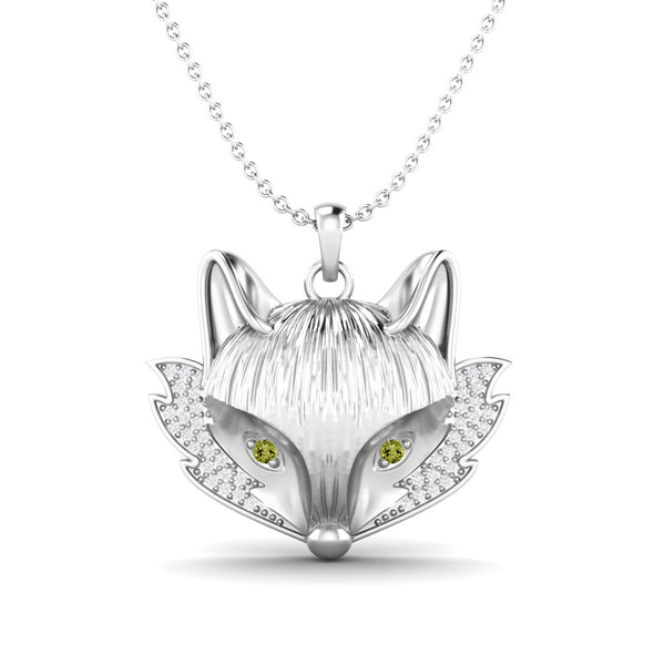 0.50 Ctw Round Shape Peridot Gemstone 925 Sterling Silver Fox Head Face Pendant Animal Lover Necklace