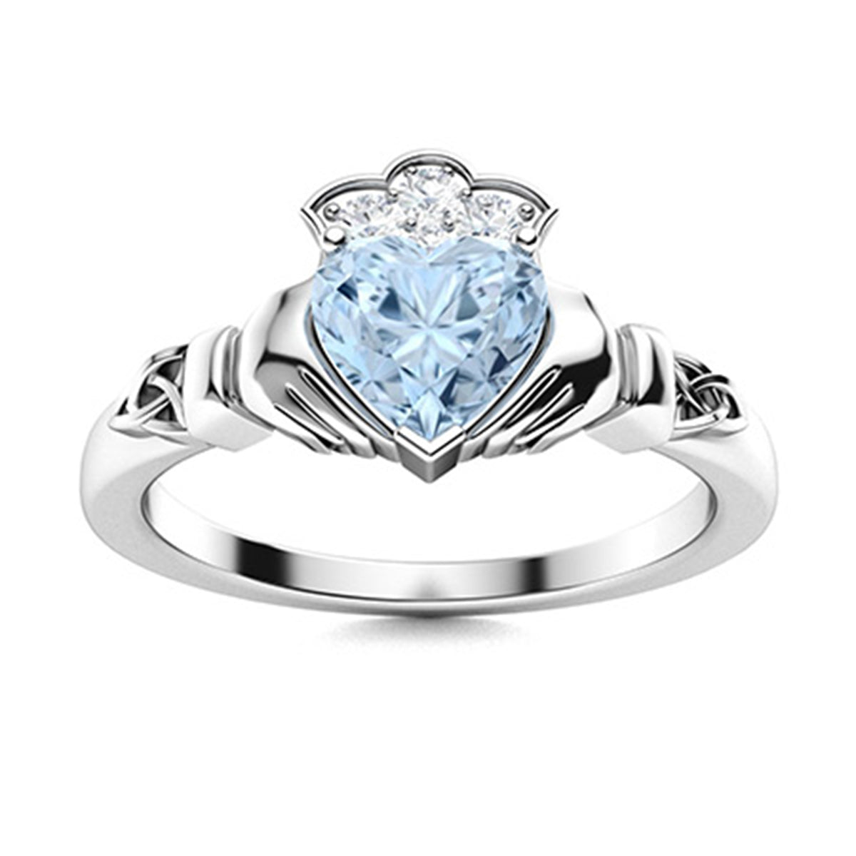 Aquamarine Heart Claddagh Ring - Sterling Silver