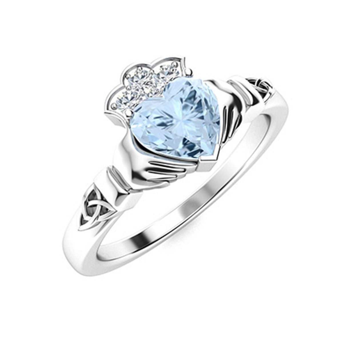 Aquamarine Heart Claddagh Ring - Sterling Silver