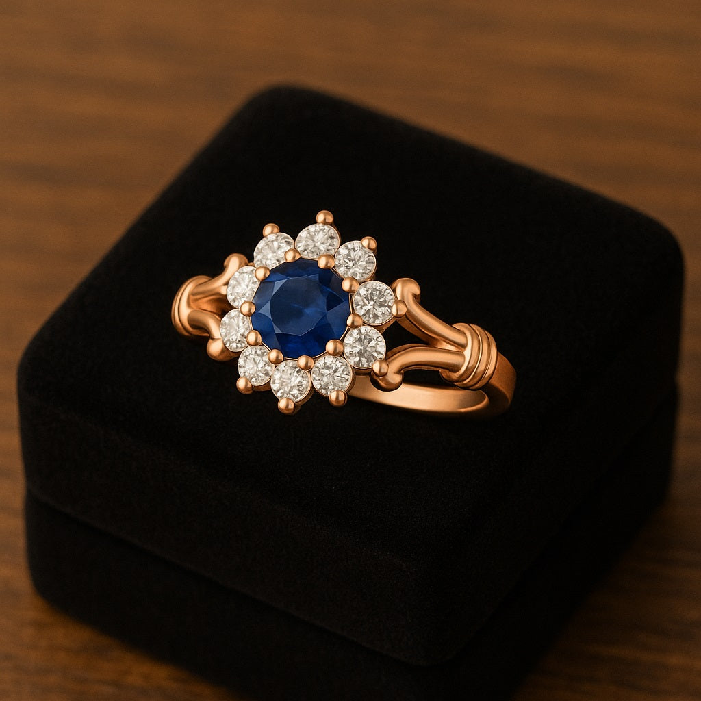 Blue Sapphire Floral Halo Design Ring – Sterling Silver