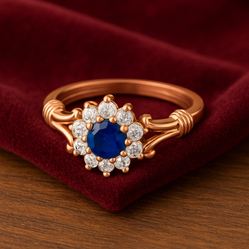Blue Sapphire Floral Halo Design Ring – Sterling Silver