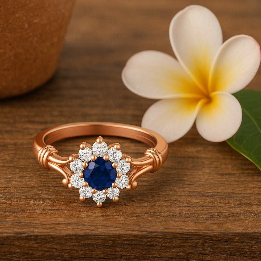 Blue Sapphire Floral Halo Design Ring – Sterling Silver