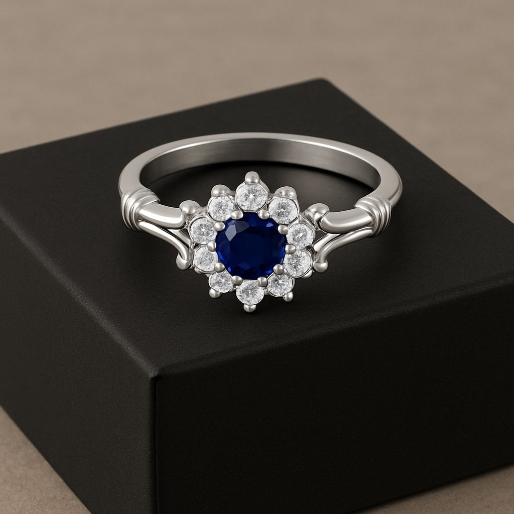 Blue Sapphire Floral Halo Design Ring – Sterling Silver