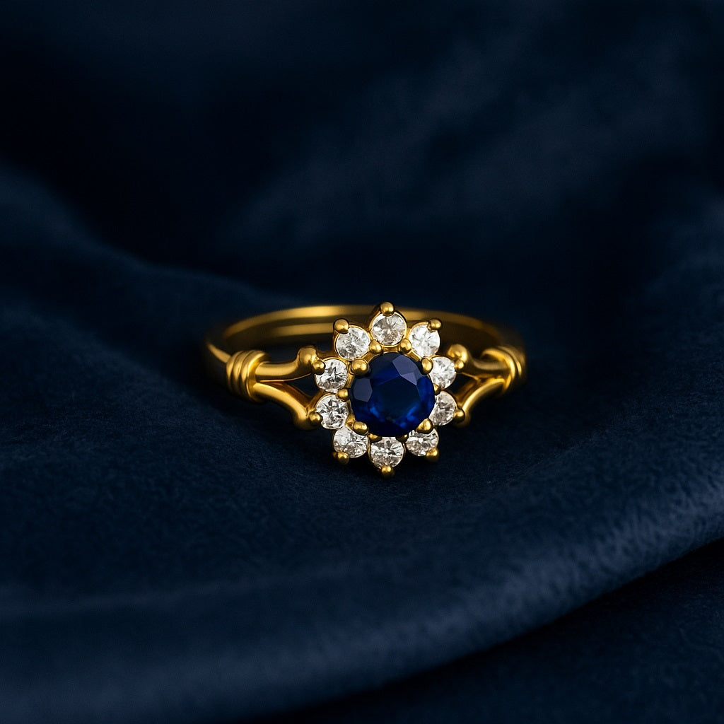 Blue Sapphire Floral Halo Design Ring – Sterling Silver