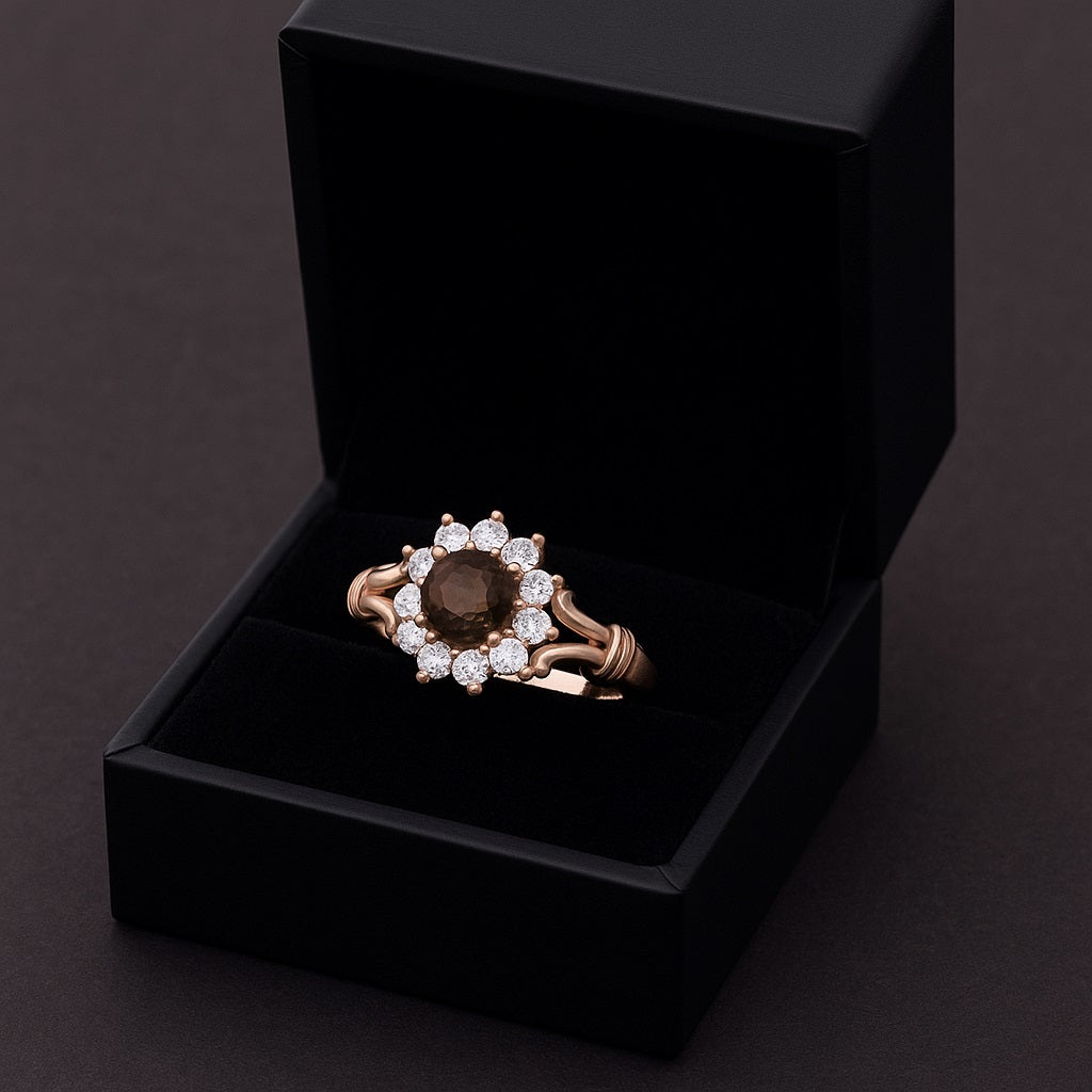 Smoky Quartz Floral Halo Design Ring – Sterling Silver