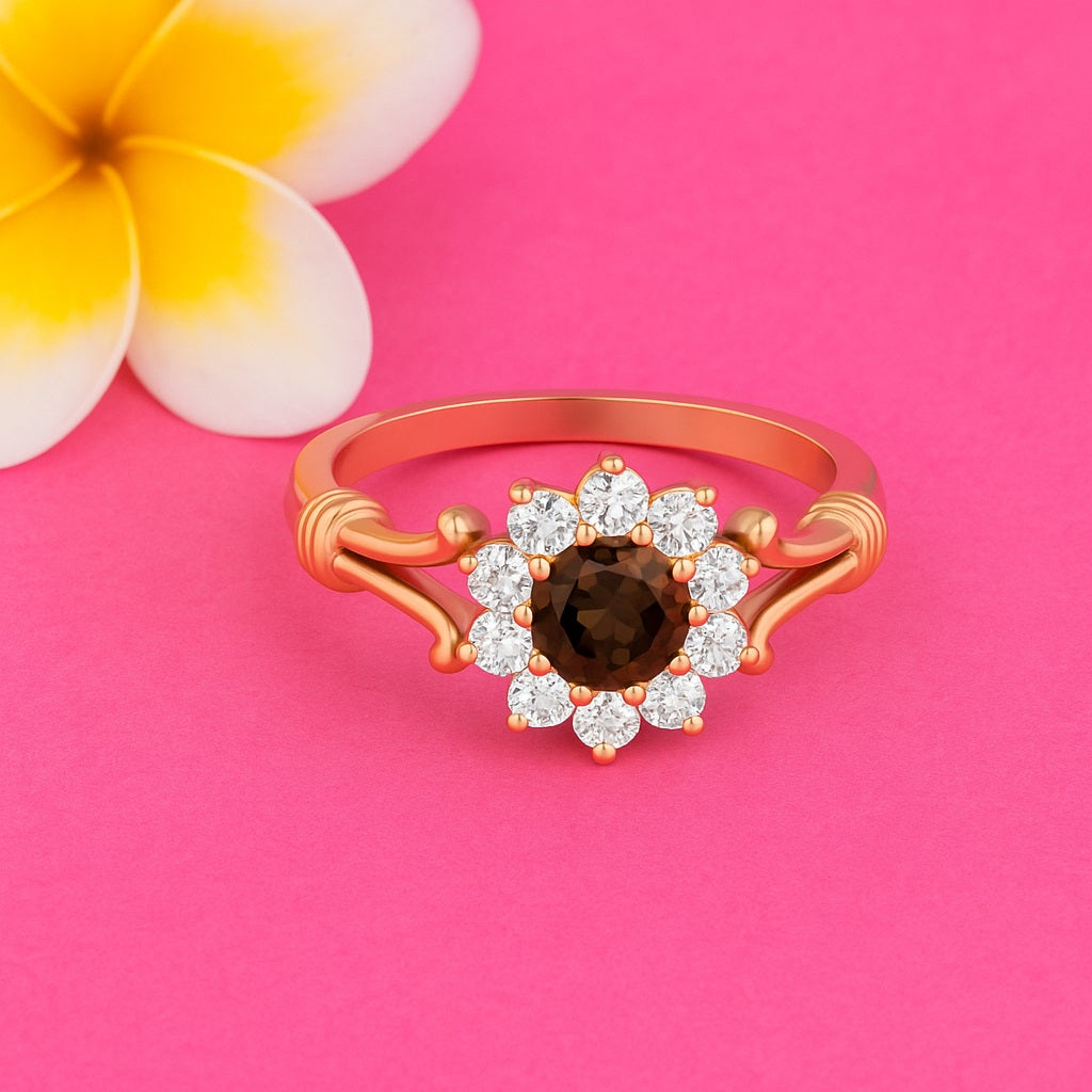 Smoky Quartz Floral Halo Design Ring – Sterling Silver