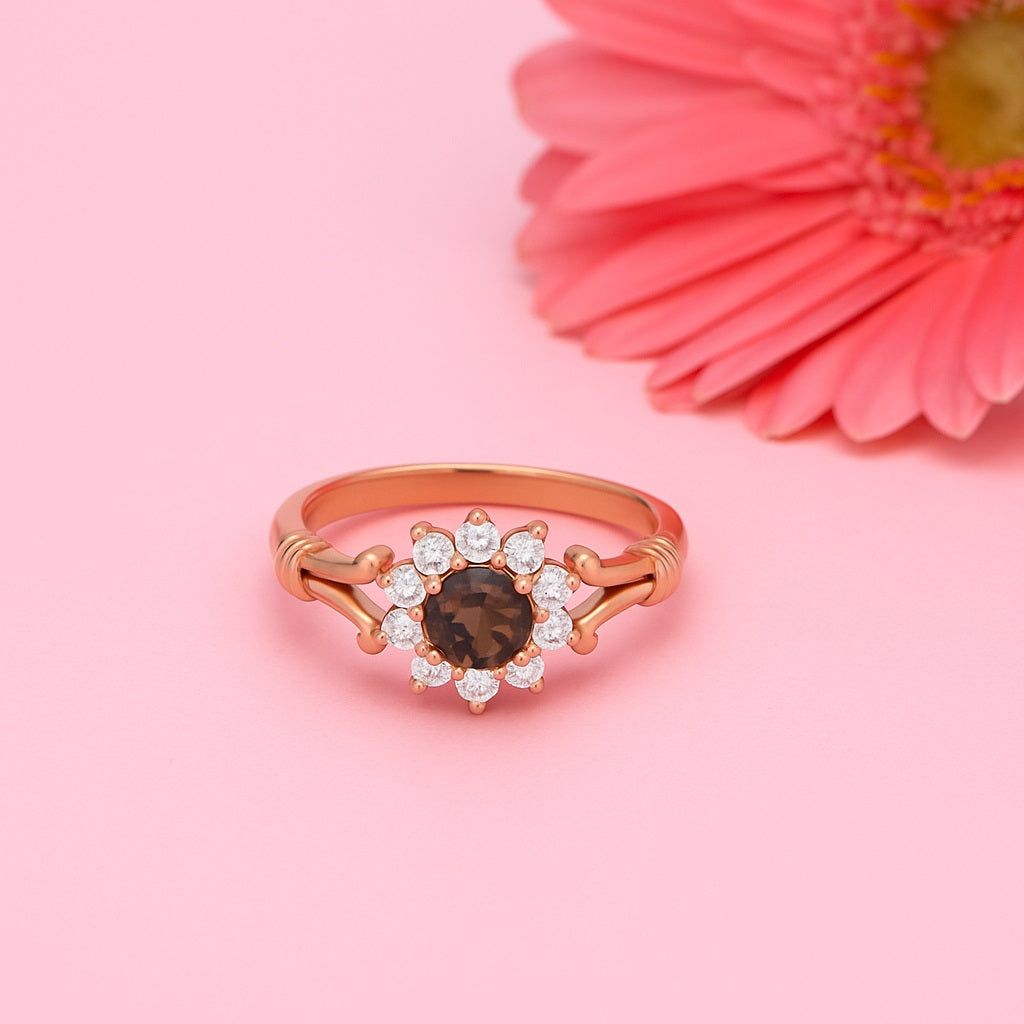 Smoky Quartz Floral Halo Design Ring – Sterling Silver