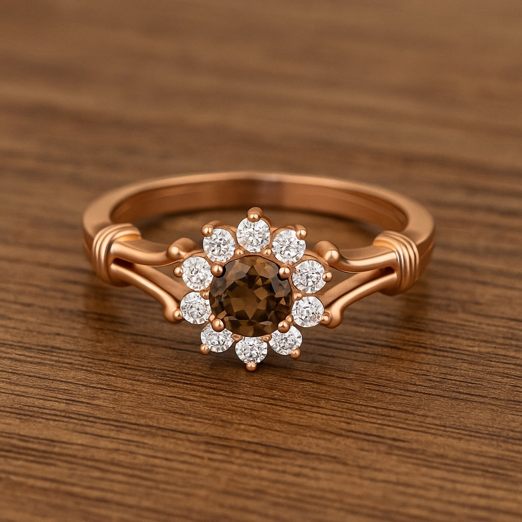 Smoky Quartz Floral Halo Design Ring – Sterling Silver
