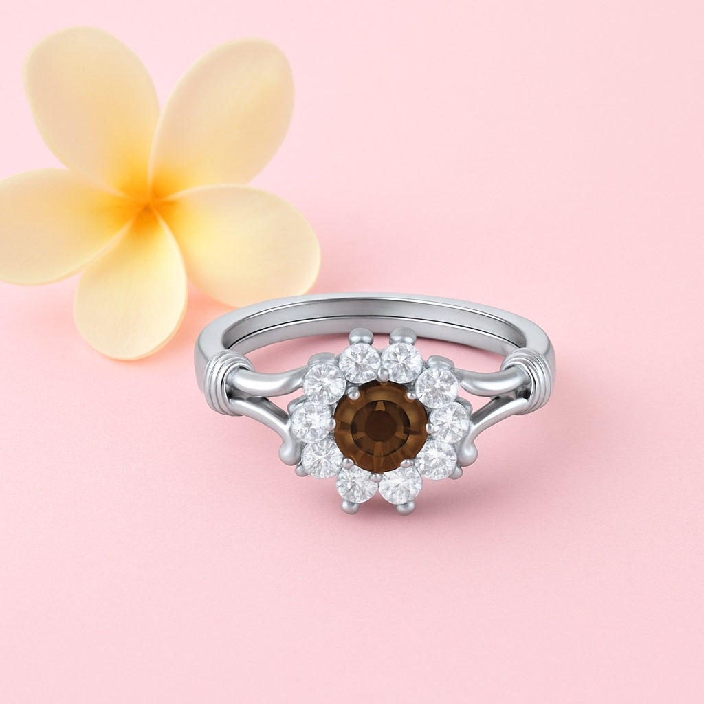 Smoky Quartz Floral Halo Design Ring – Sterling Silver